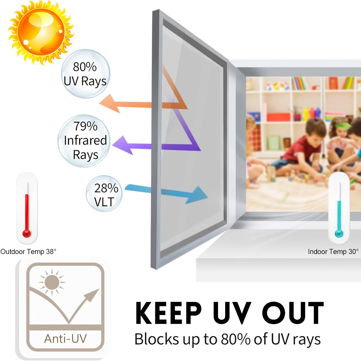 Daytime Privacy Window Film Anti-UV Heat Control Static Cling One Way Mirror Silvery 1 Piece