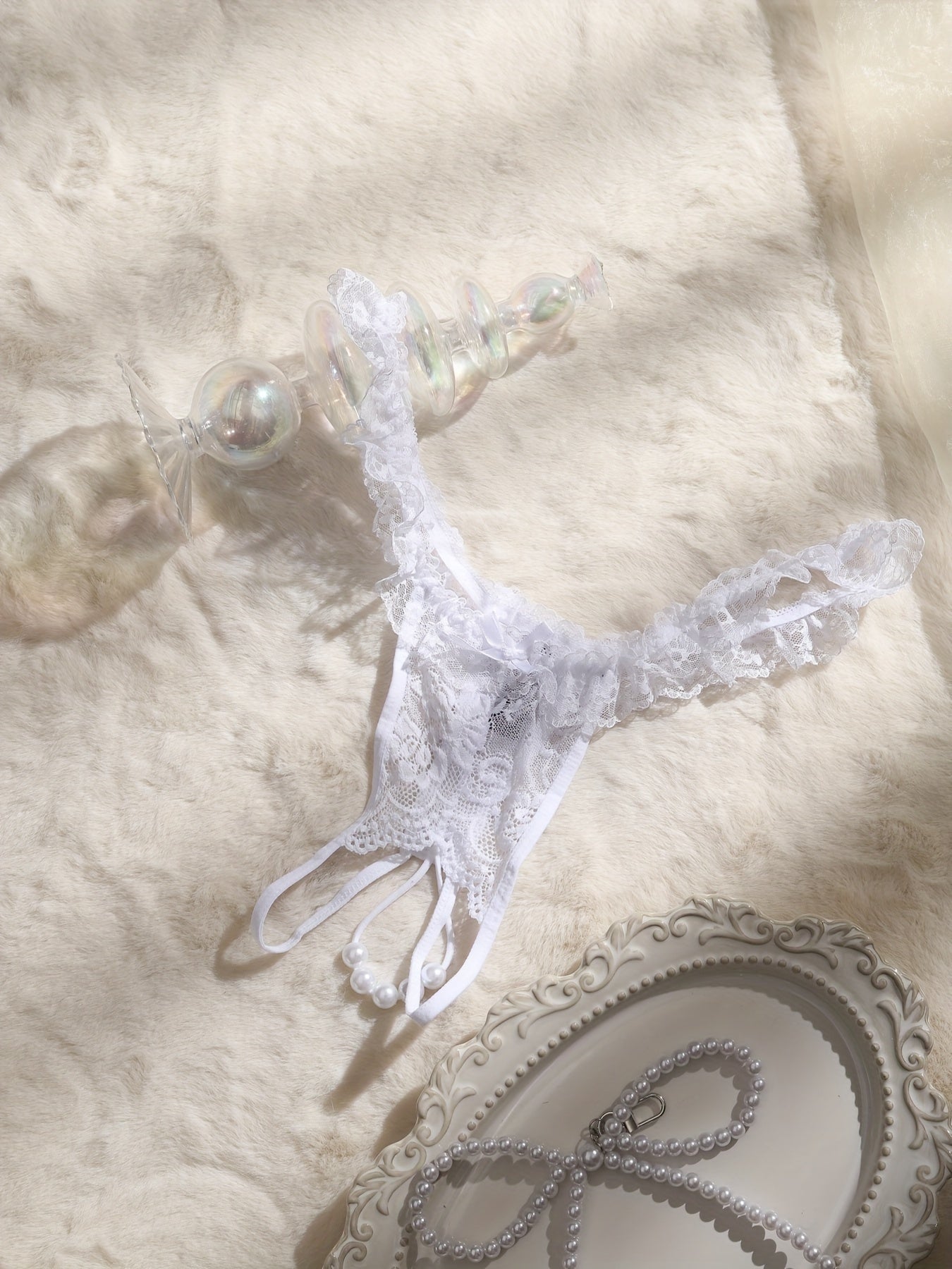 Lingerie Ruffled Lace Thong with Beads for Women