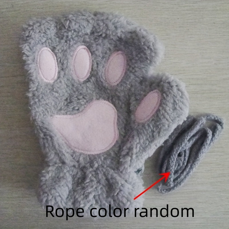 Cute Cat Claw Plush Gloves for Women Warm Fuzzy Half Finger Autumn Winter