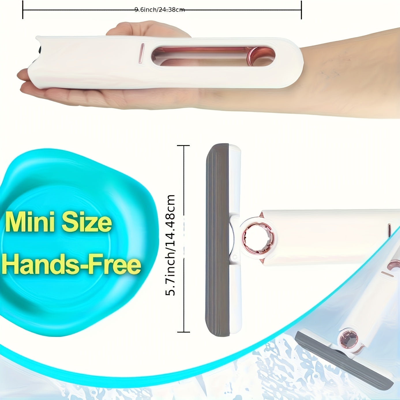 Mini qo'lga olinadigan gubka mop siqishni osonlashtiradi va vannaxonada, oshxonada, yashash xonasida, yotoqxona va hojatxonada samarali suvni singdiradi. Quvvatli materialdan tayyorlangan va qulaylik uchun aylanuvchi tortish boshiga ega.