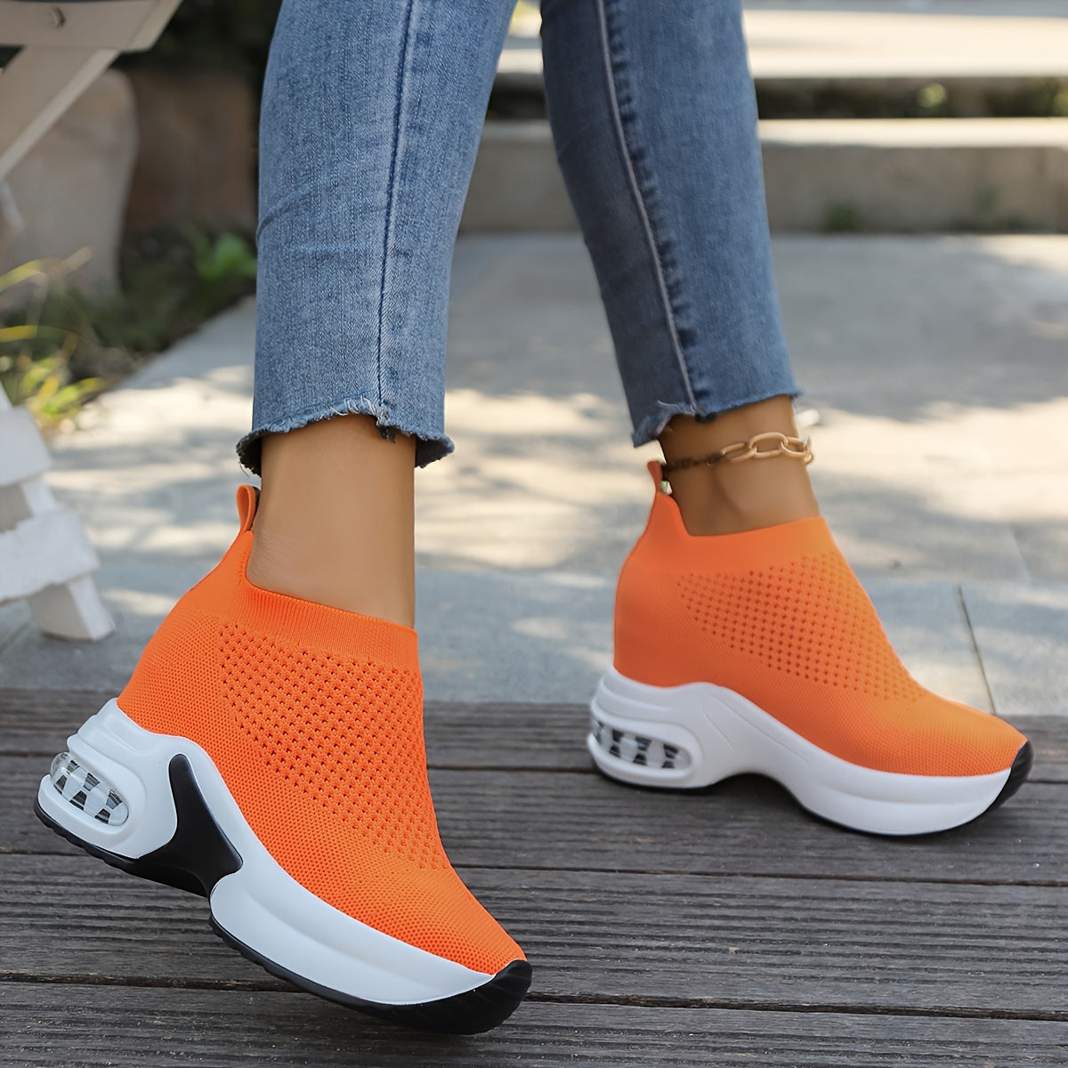 Women's Knit Sneakers Breathable Slip-On Platform Low-Top Shoes