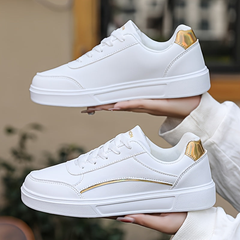 Women's Breathable White Sneakers - Lightweight Casual Shoes with Golden Accents
