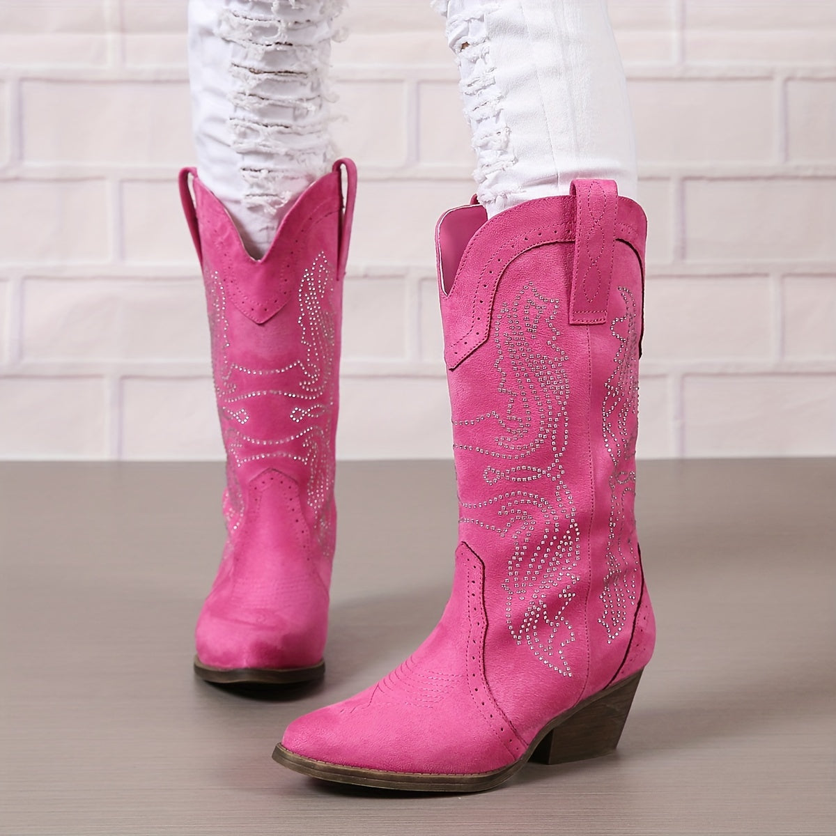 Women’s Mid-Calf Western Boots Fabric Floral Pointed Toe Winter