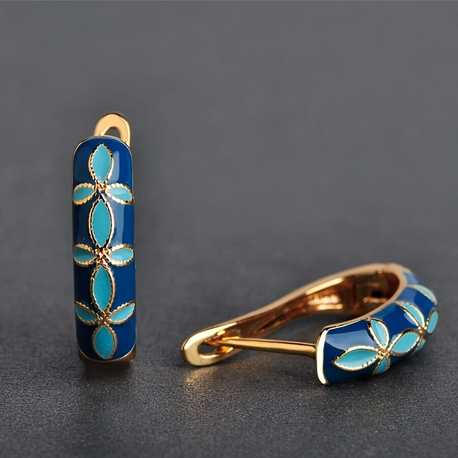Vintage Inspired Blue Enamel Flower Hoop Earrings with Gold Bordered Copper Design