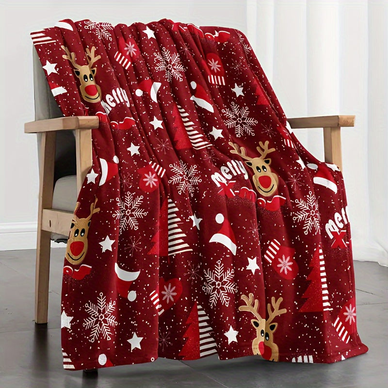 Christmas Throw Blanket Reversible Soft Material with Santa Tree Elk Snowflake Design for Couch Bed