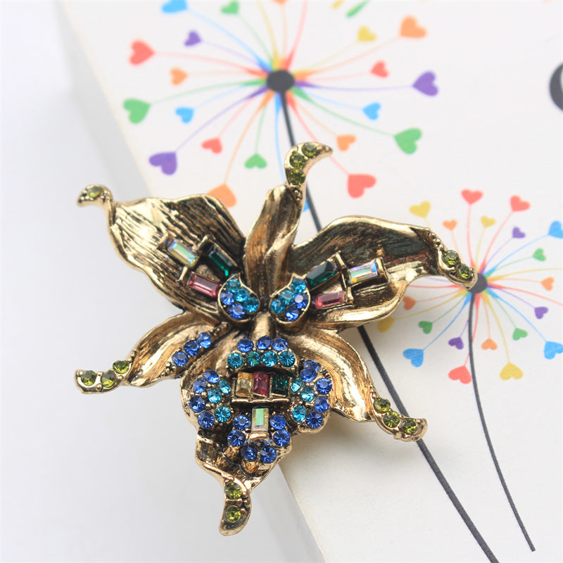 Antique Orchid Brooch Rhinestone Enamel Floral Jewelry for Women