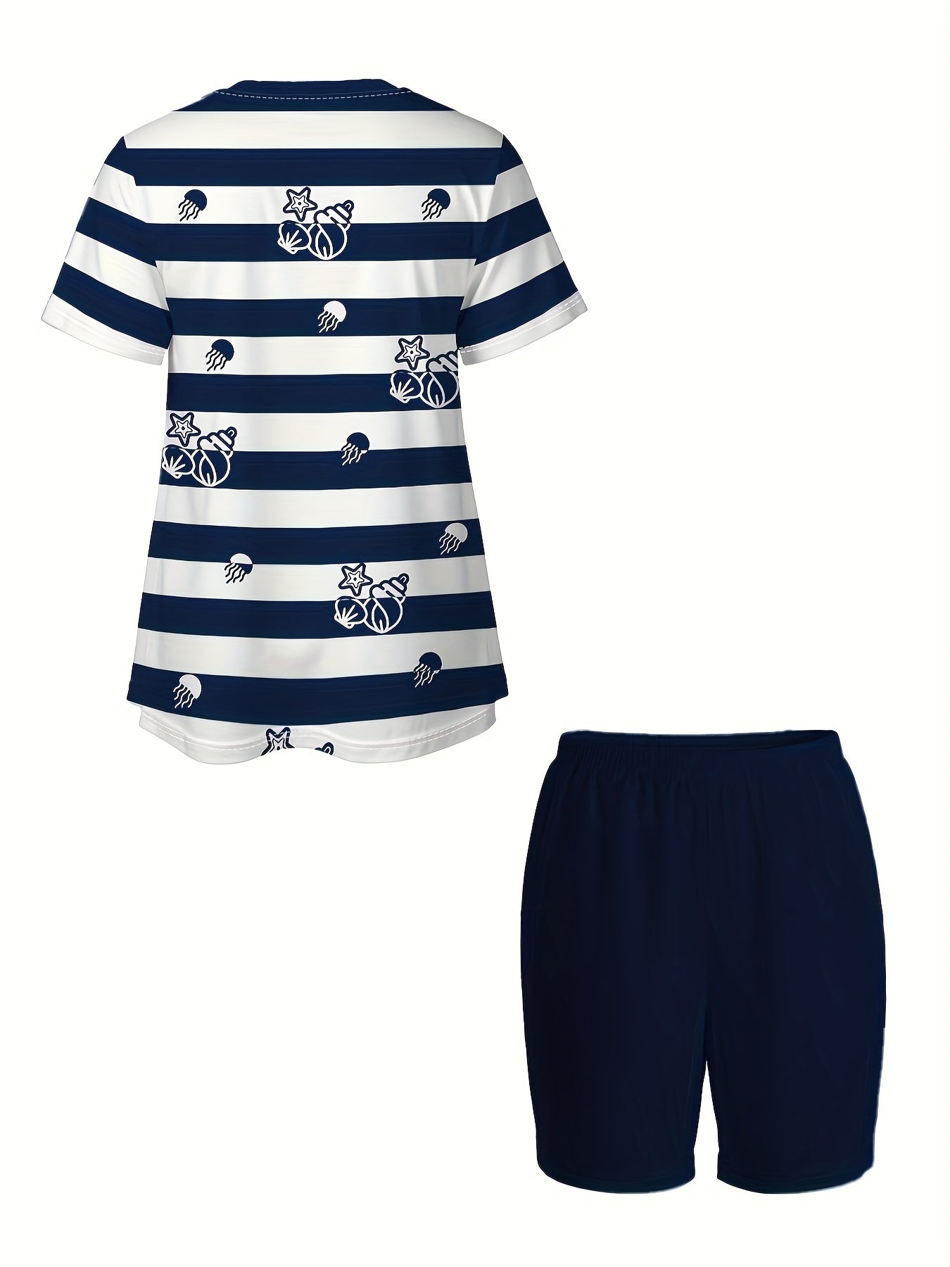 Women's Summer Short Sleeve Top And Shorts Set Blue Ocean Stripe Plus Size