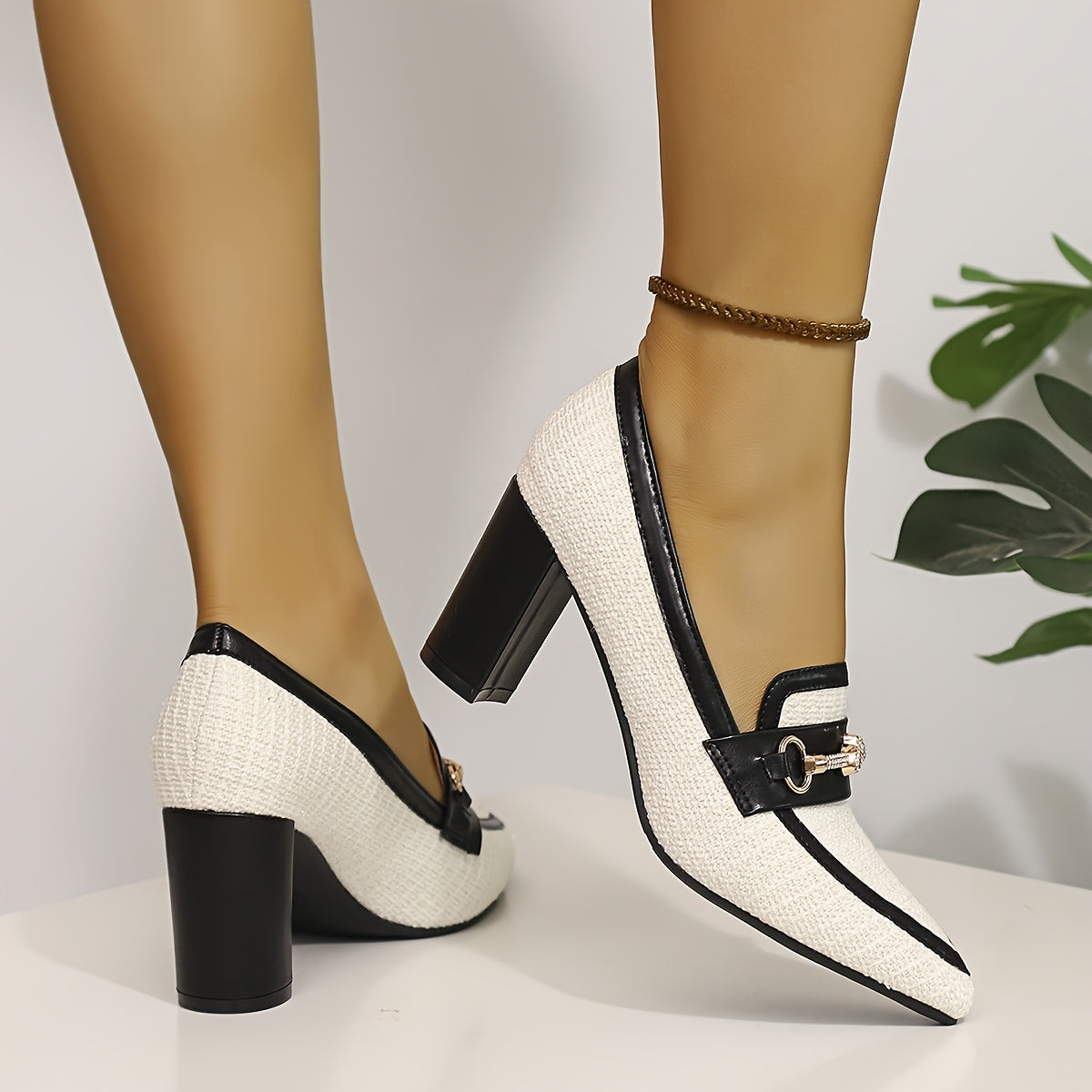 Women's White Black Mary Jane Pumps with Chunky Heel and Gold Chain Strap