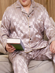 Conjunto de pijama de jacquard a cuadros casual para hombre, con camisa de manga larga y pantalones de cintura elástica, para todas las estaciones, tallas grandes