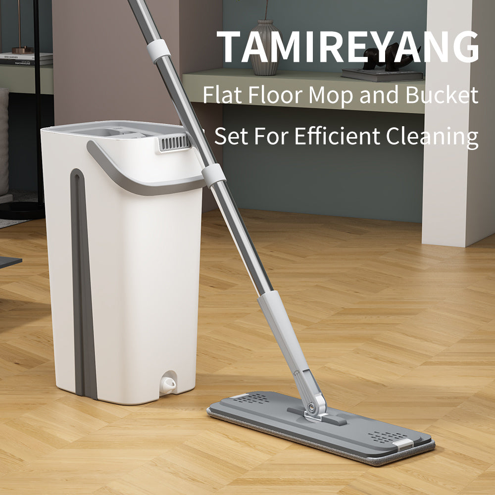 Flat Mop and Bucket Set with Microfiber Pad for Dry and Wet Cleaning