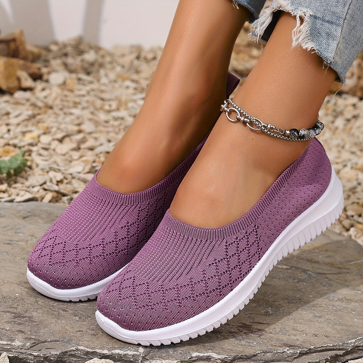 Ayollar uchun nafas oladigan slip-on sport poyabzali, kundalik yurish uchun mato ustki qismi, PU taglik
