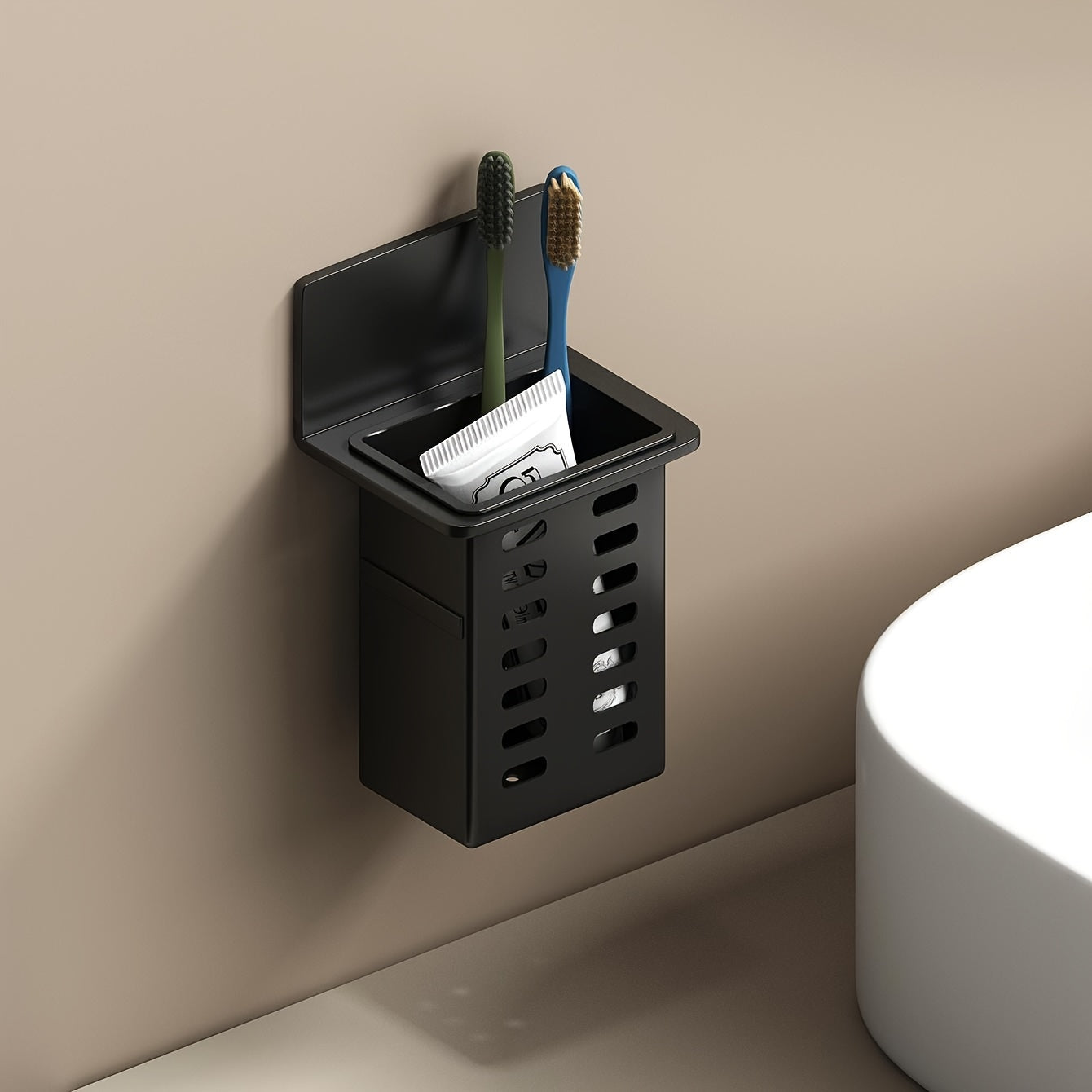 Black Wall-Mounted Bathroom Organizer Mold-Resistant Plastic No-Drill Installation