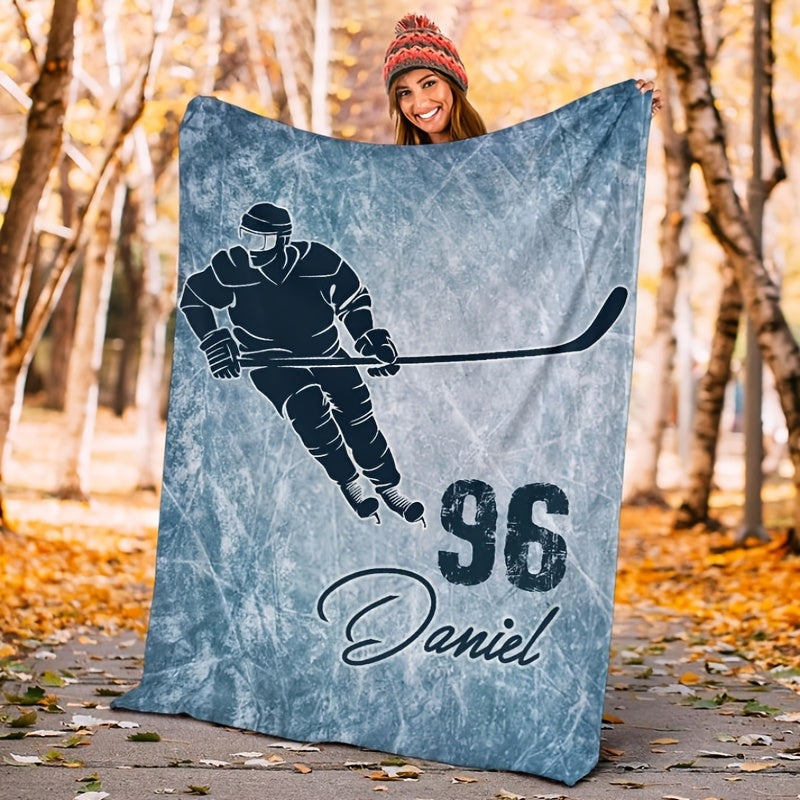 Personalized Ice Hockey Player Flannel Blanket Custom Name Soft Warm Polyester All-Season Use