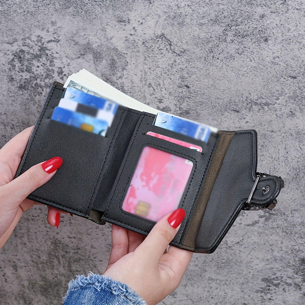 Vintage uslubidagi ayollar uchun ingichka hamyon, sun'iy charmdan tayyorlangan, tugmachali yopilish, uch qismli dizayn, cho'zilgan cho'ntak va sun'iy charm astar bilan.