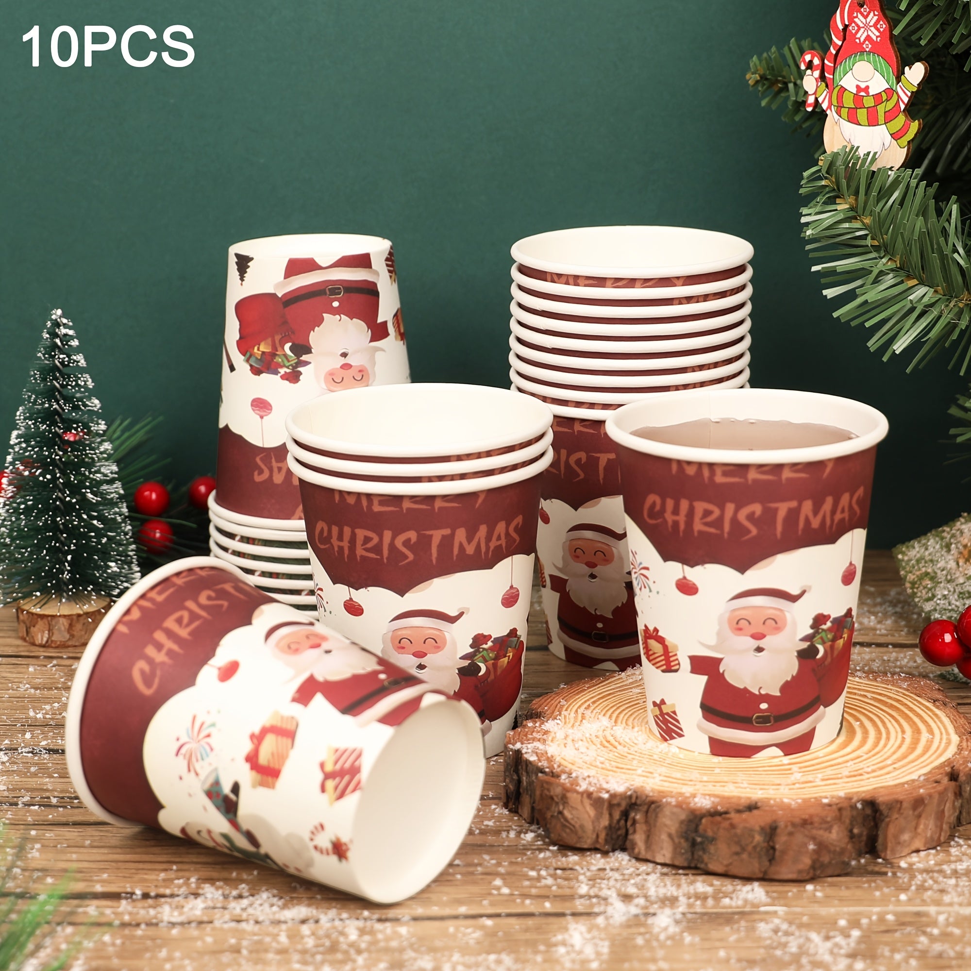 Red Christmas Disposable Paper Cups Santa Snowflake Design BPA-Free Recyclable Cold Drinks