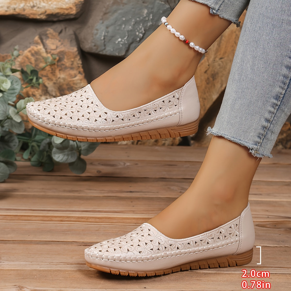 Women's White Cut-Out Slip-On Flats Synthetic Casual Shoes TPR Sole
