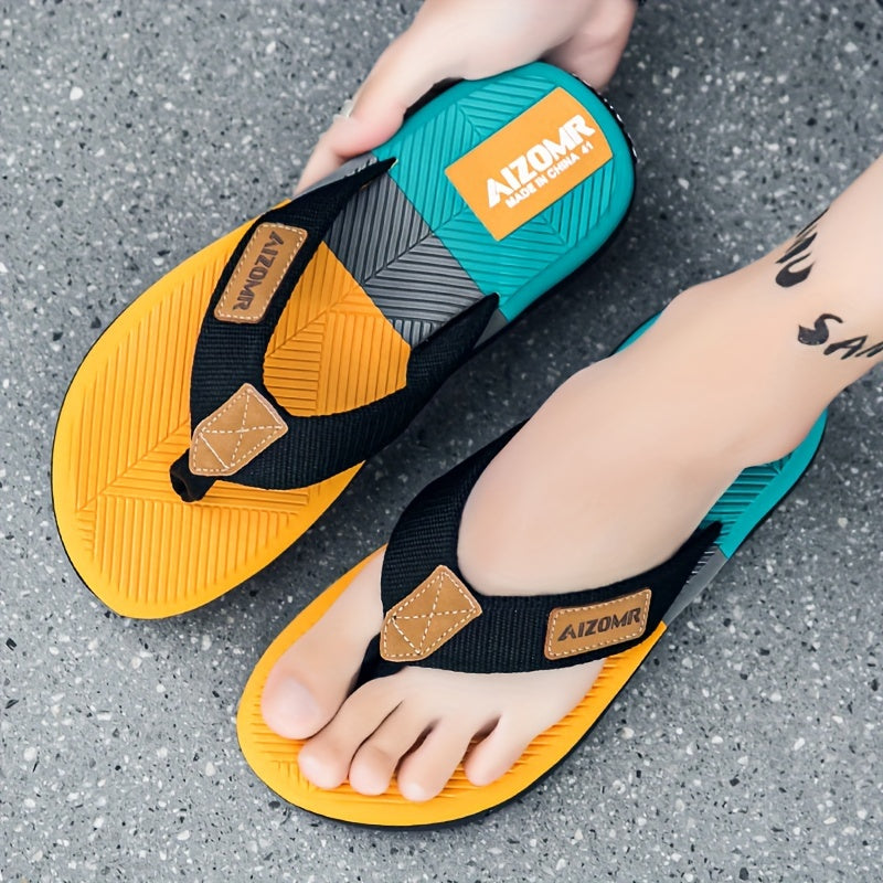Erkaklar uchun yozgi flip-floplar, sirpanmaydigan, hidga chidamli, kamarga qo'llab-quvvatlovchi, yashil va sariq chiziqli dizayn, qulay EVA yuqori qismi va kauchuk taglik, har kuni va tasodifiy kiyish uchun, dam olish qulayligi