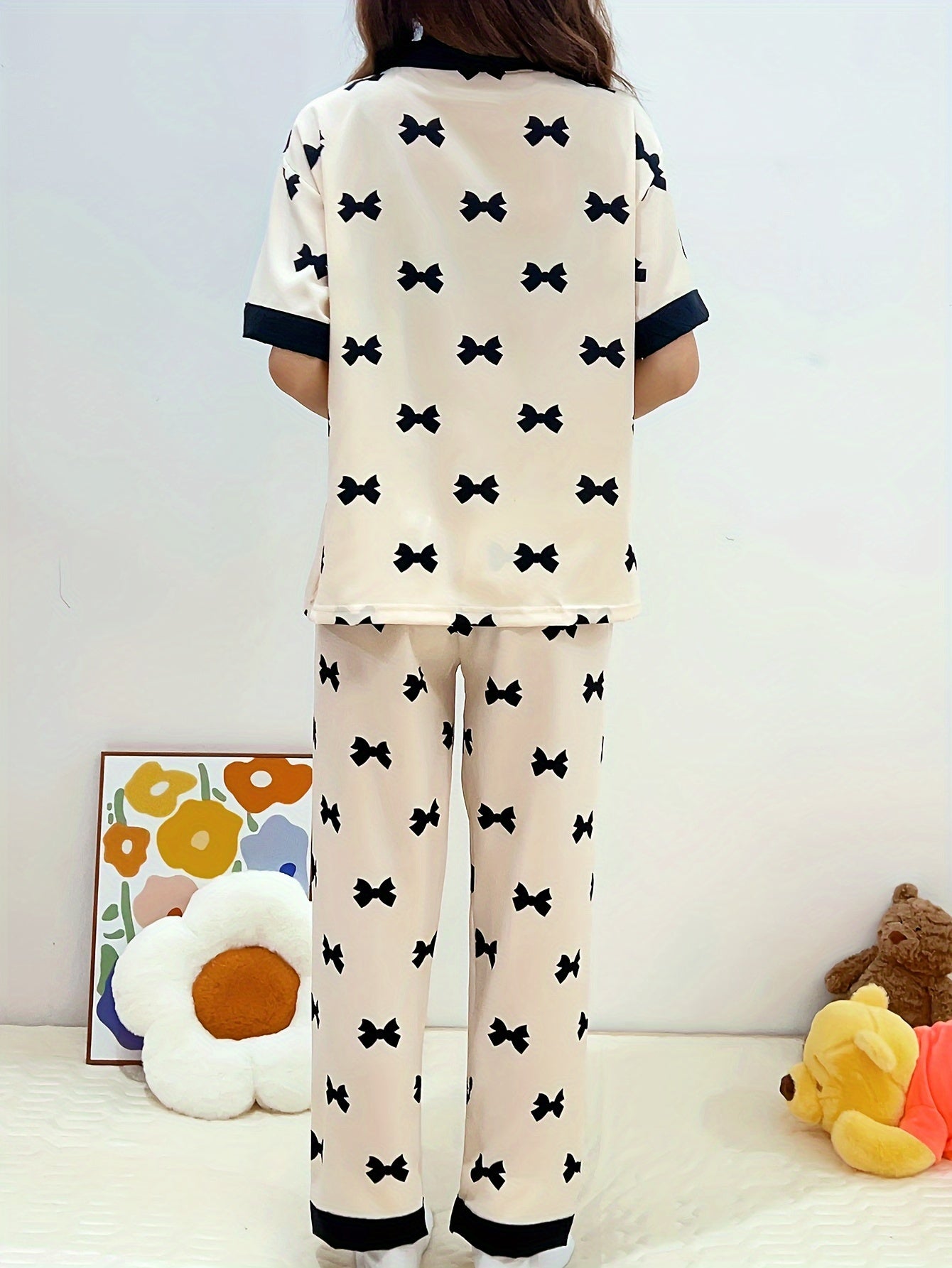 Women's Summer Pajama Set with Heart Pattern Short Sleeve V-Neck Cardigan and Long Pants