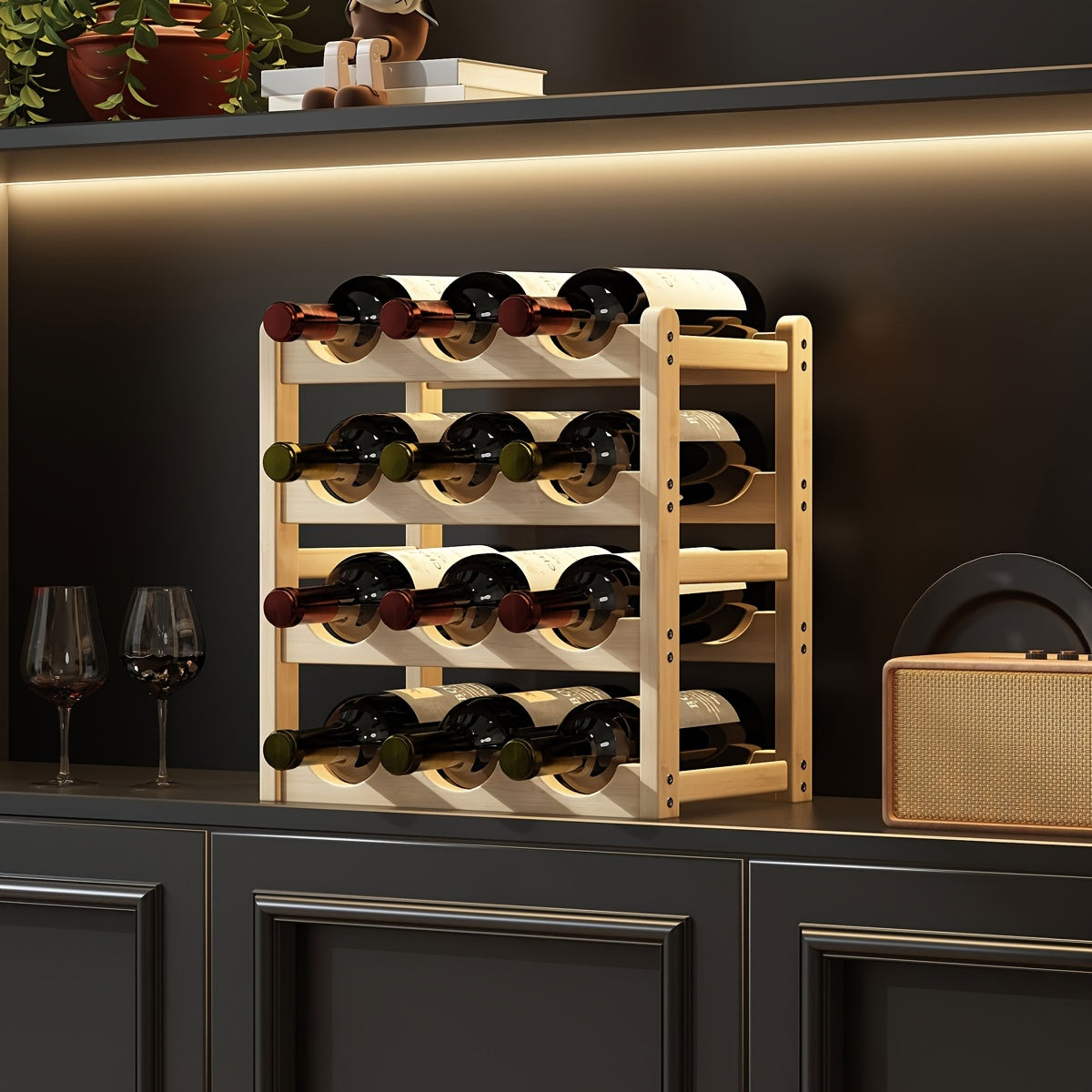 Wood Tiered Wine Bottle Holder with 2/3/4 Tiers Stackable Lacquered