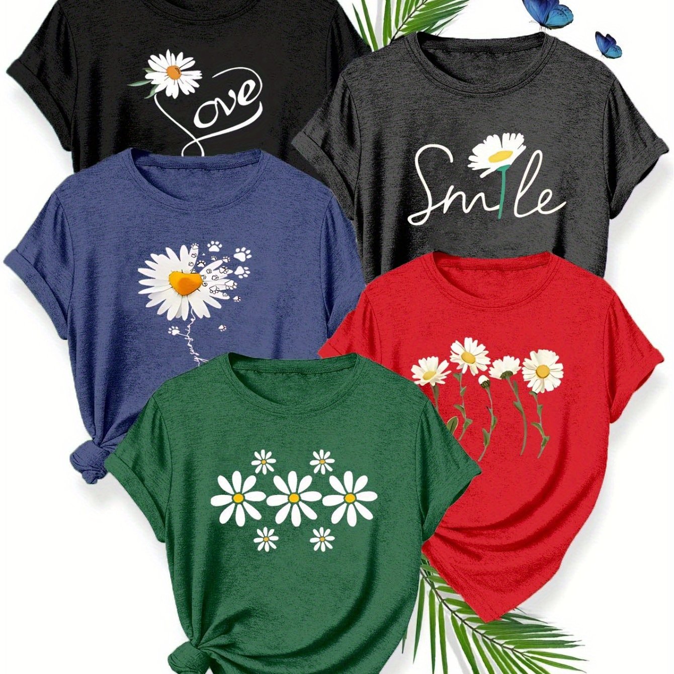 Plus Size Women's Floral Cotton T-Shirt Casual Daisy Print Short Sleeve