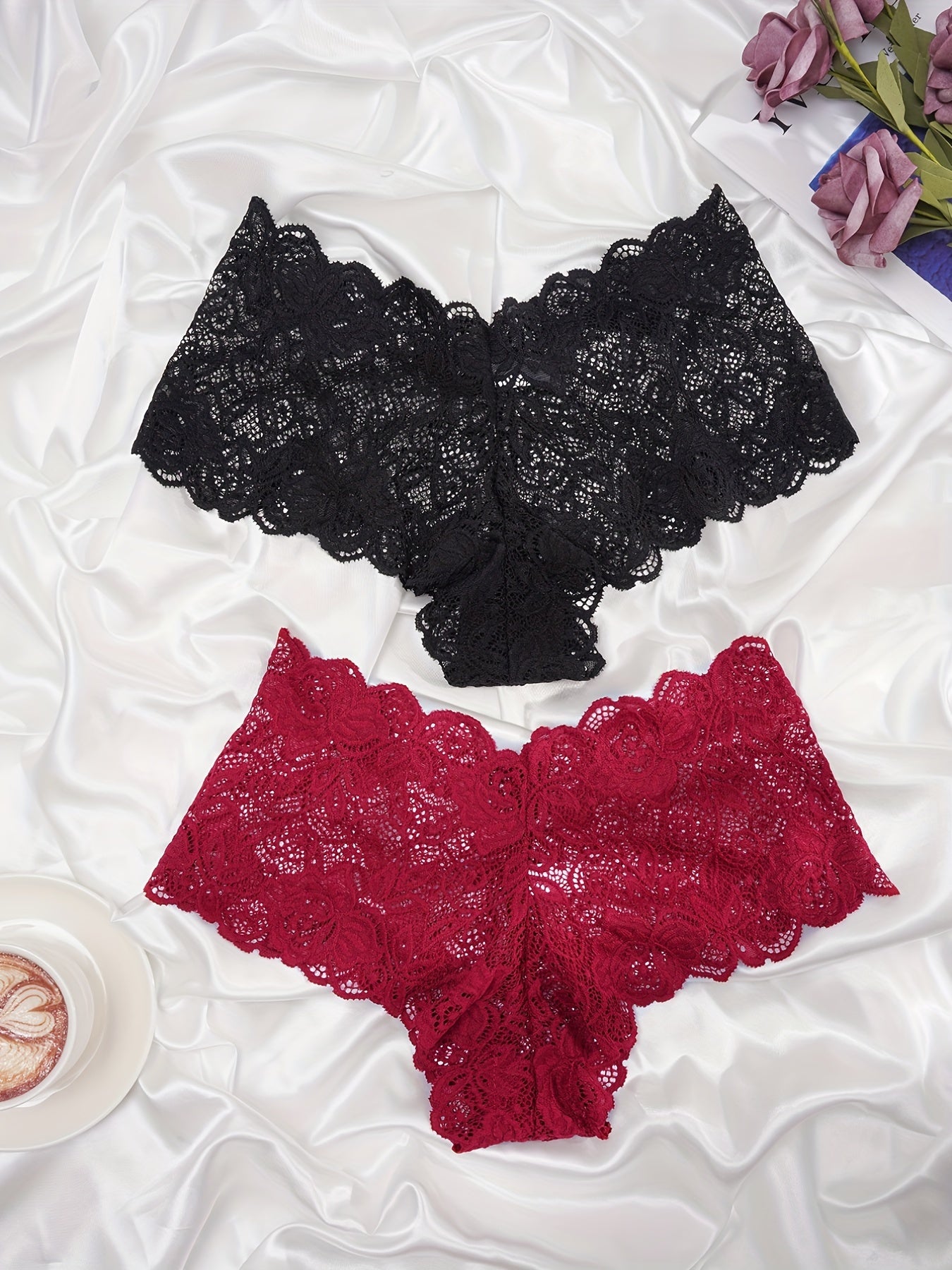 Комплект из 2-х кружевных трусиков с цветочным узором, удобные и дышащие с волнистым краем