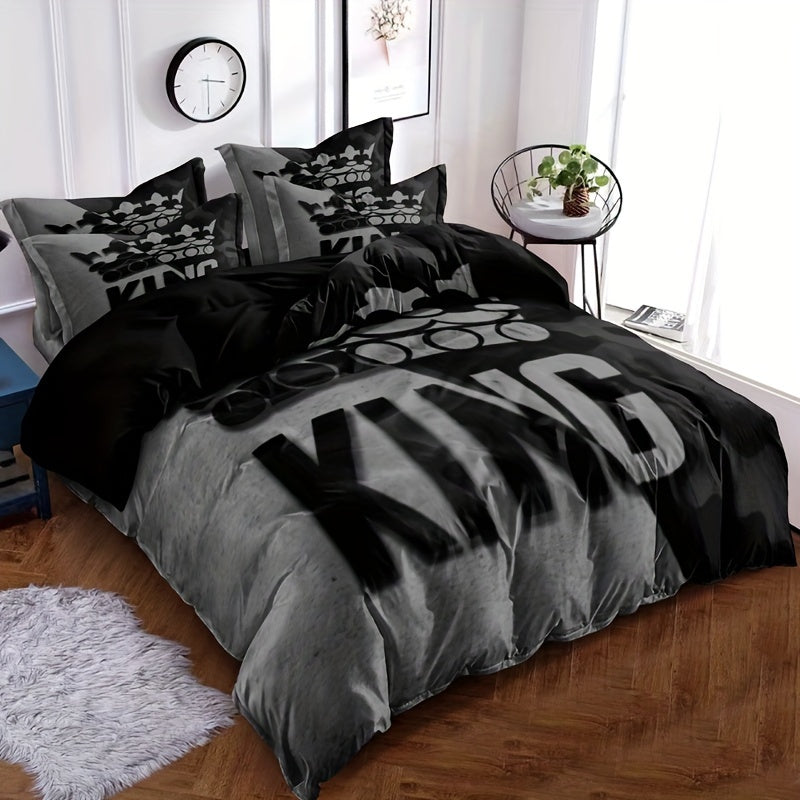 King Size Gray and Black Duvet Cover Set with Pillowcases Soft Bedding for Bedroom Guest Room Dorm