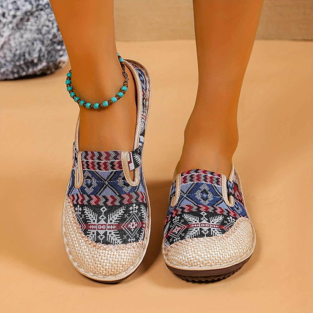 Women's Geometric Linen Mules with Round Toe Non-slip Flat Shoes