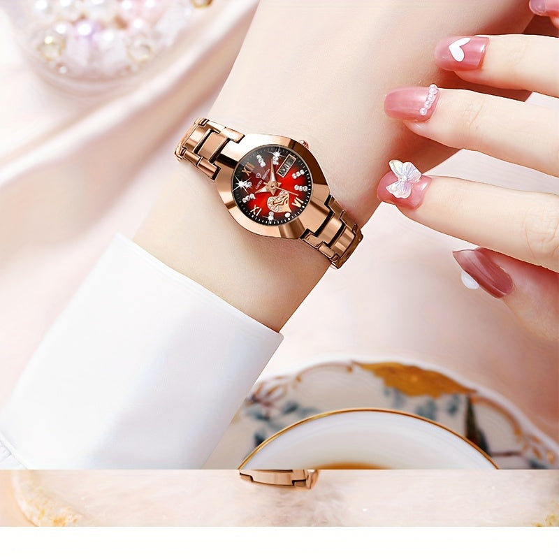 Women’s Heart Quartz Watch with Rhinestones Luminous Dial and Date Function