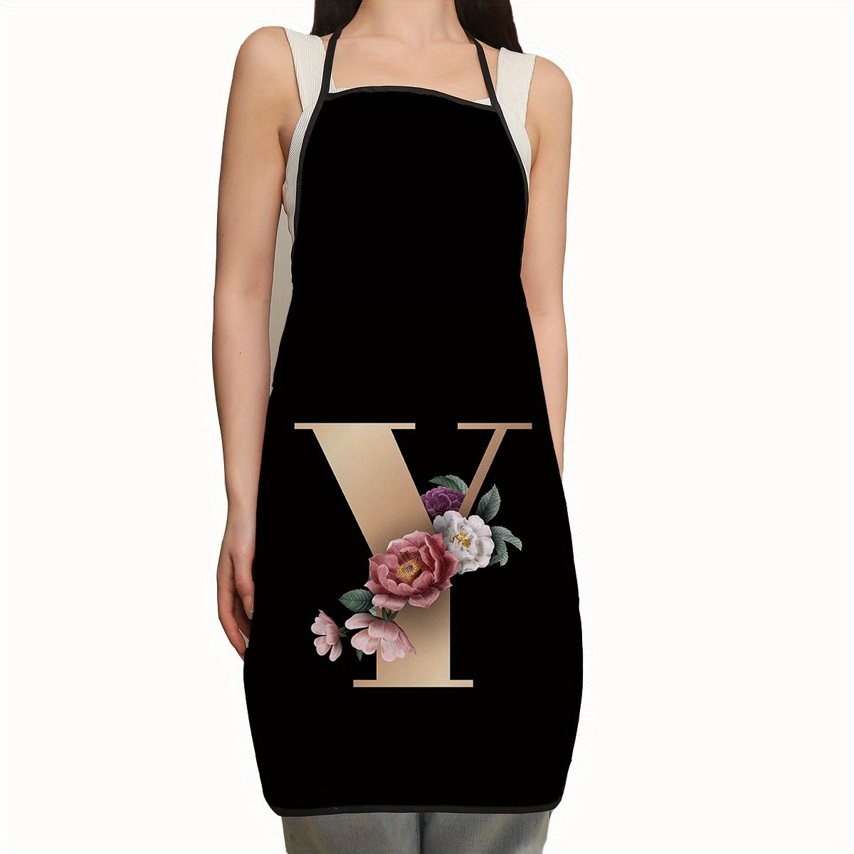 Polyester Apron with Adjustable Suspenders and Letter Flower Pattern for Restaurant Waiters and Chefs