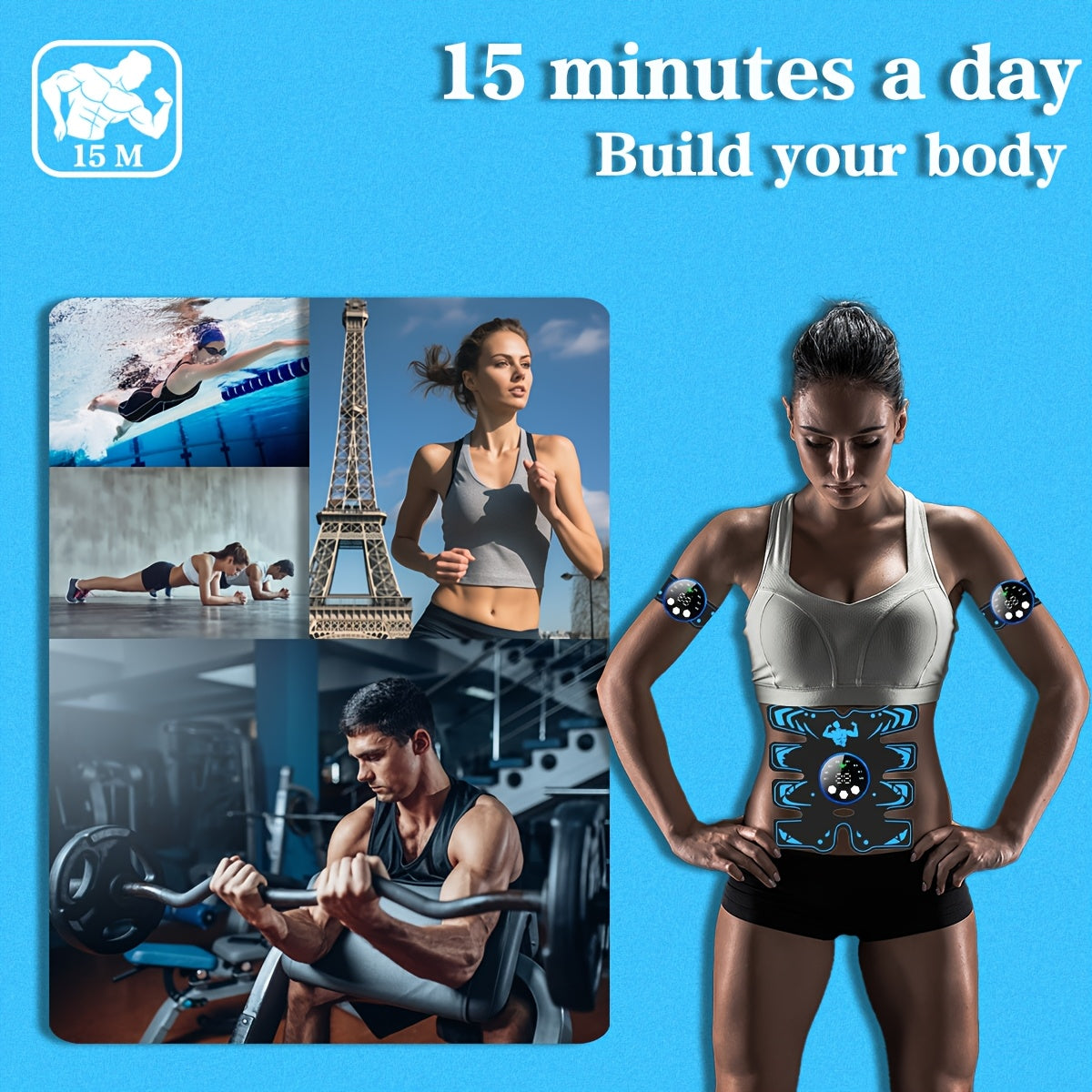 Set de masajeador EMS de tres piezas con tecnología TENS, entrenador muscular recargable por USB para fitness en casa