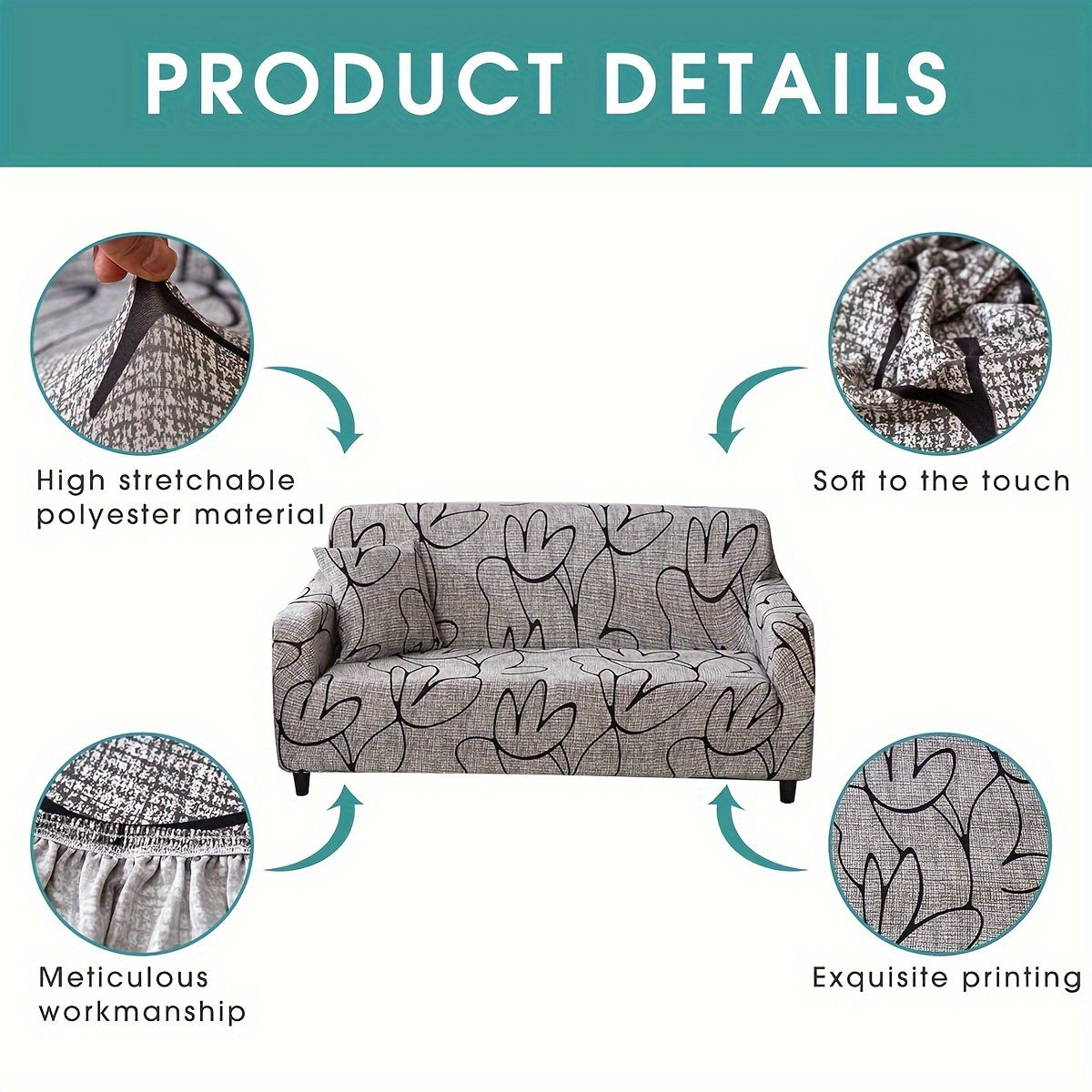 Серая бохо-стильная чехол для дивана с юбкой, машинная стирка, подходит для использования в любое время года. Изготовлен из полиэстерового спандекса, идеален для декора гостиной, спальни или офиса.