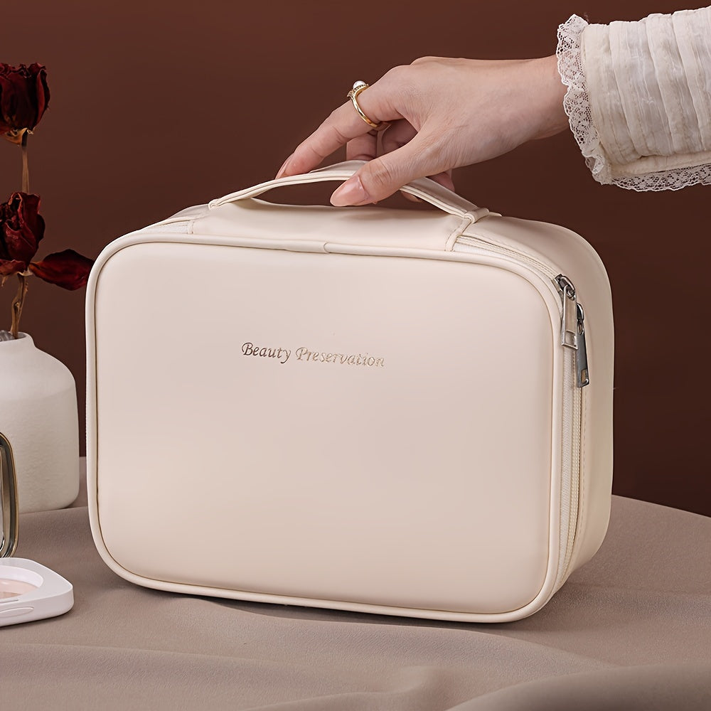 Bolsa de maquillaje impermeable unisex con compartimentos para cosméticos y artículos de aseo en beige y rosa