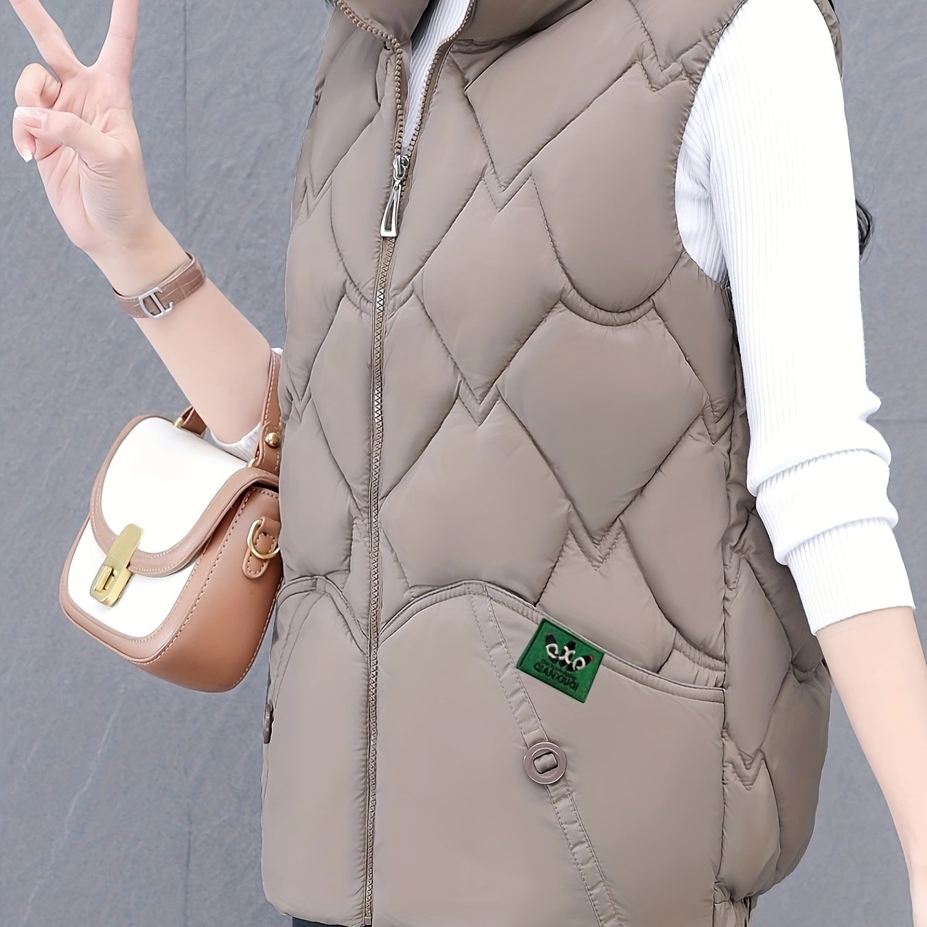 Women's Polyester Vest with Quilted Stand Collar Zipper Closure Pleated Hem Fall Winter Casual