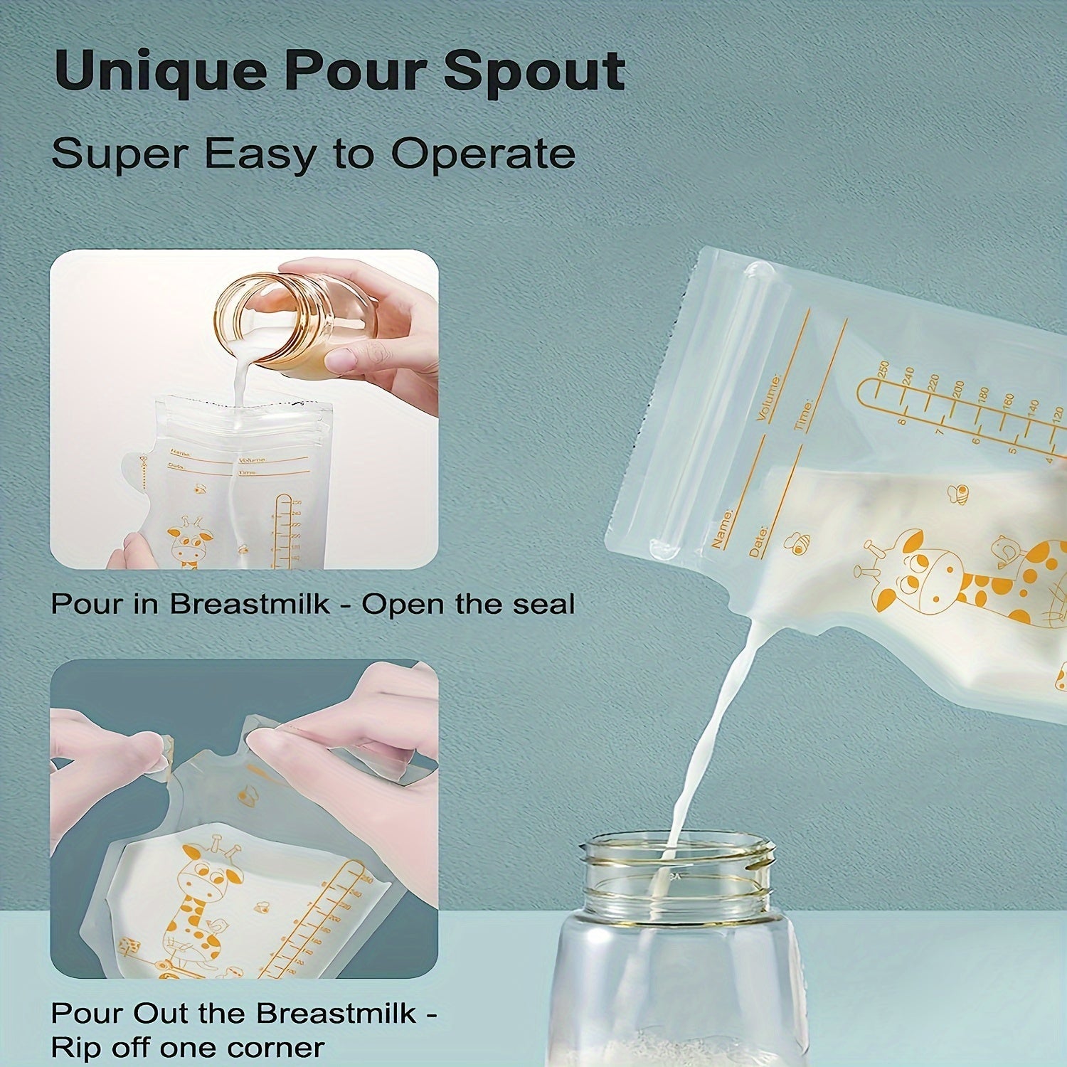 Мешки для хранения грудного молока, 60 шт., 8,5 унций, без BPA, с носиком для наливания, стоячий, плоский профиль