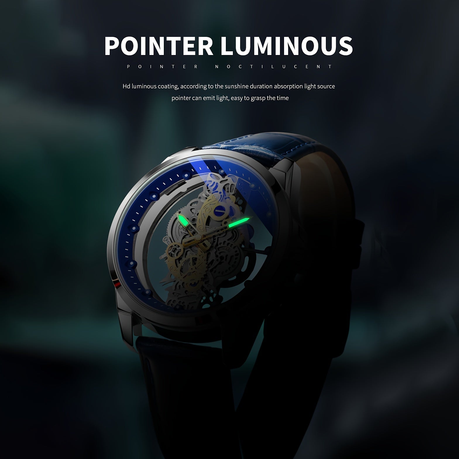 Men's Rose Gold Skeleton Quartz Watch with Luminous Hands Zinc Alloy Case Faux Leather Band