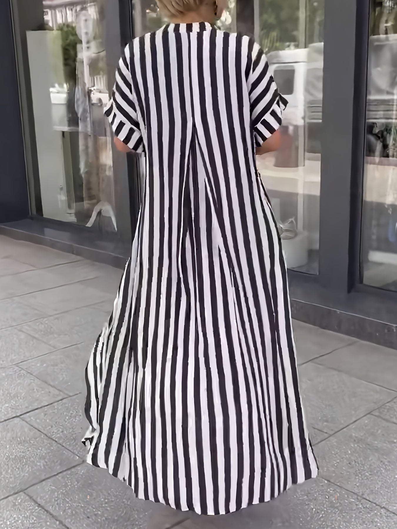 Plus Size Striped Longline Dress with Short Sleeves Notched Neck for Spring Summer Women