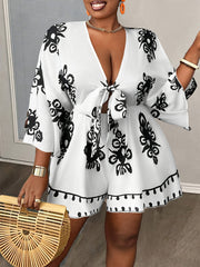 Plus Size Women's V-Neck Floral Romper with Tie Waist Black White Spring Summer