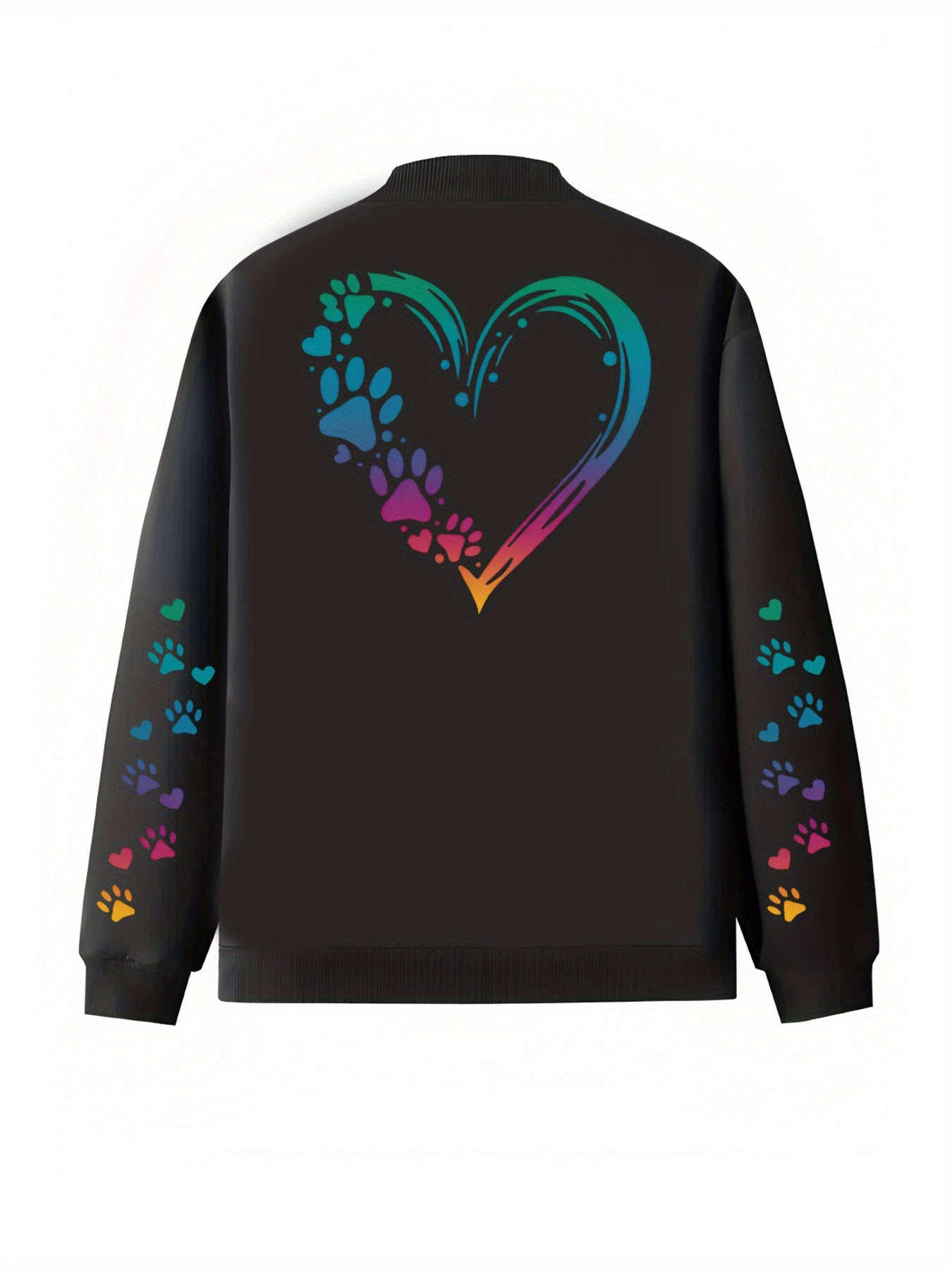 Women's Plus Size Black Casual Bomber Jacket with Heart & Paw Print