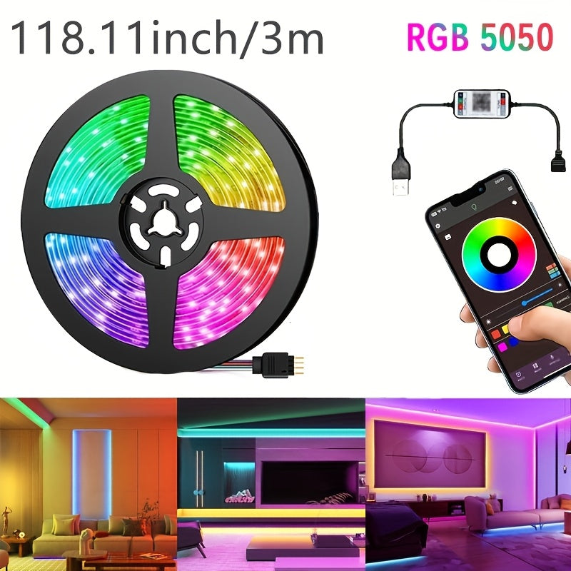 3.0m RGB LED Light Strip with Wireless App Control USB Powered Indoor Color Changing Smart Lights