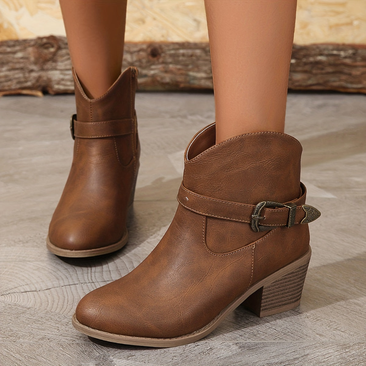 Women's Solid Color Ankle Boots With Zipper Buckle Chunky Heel