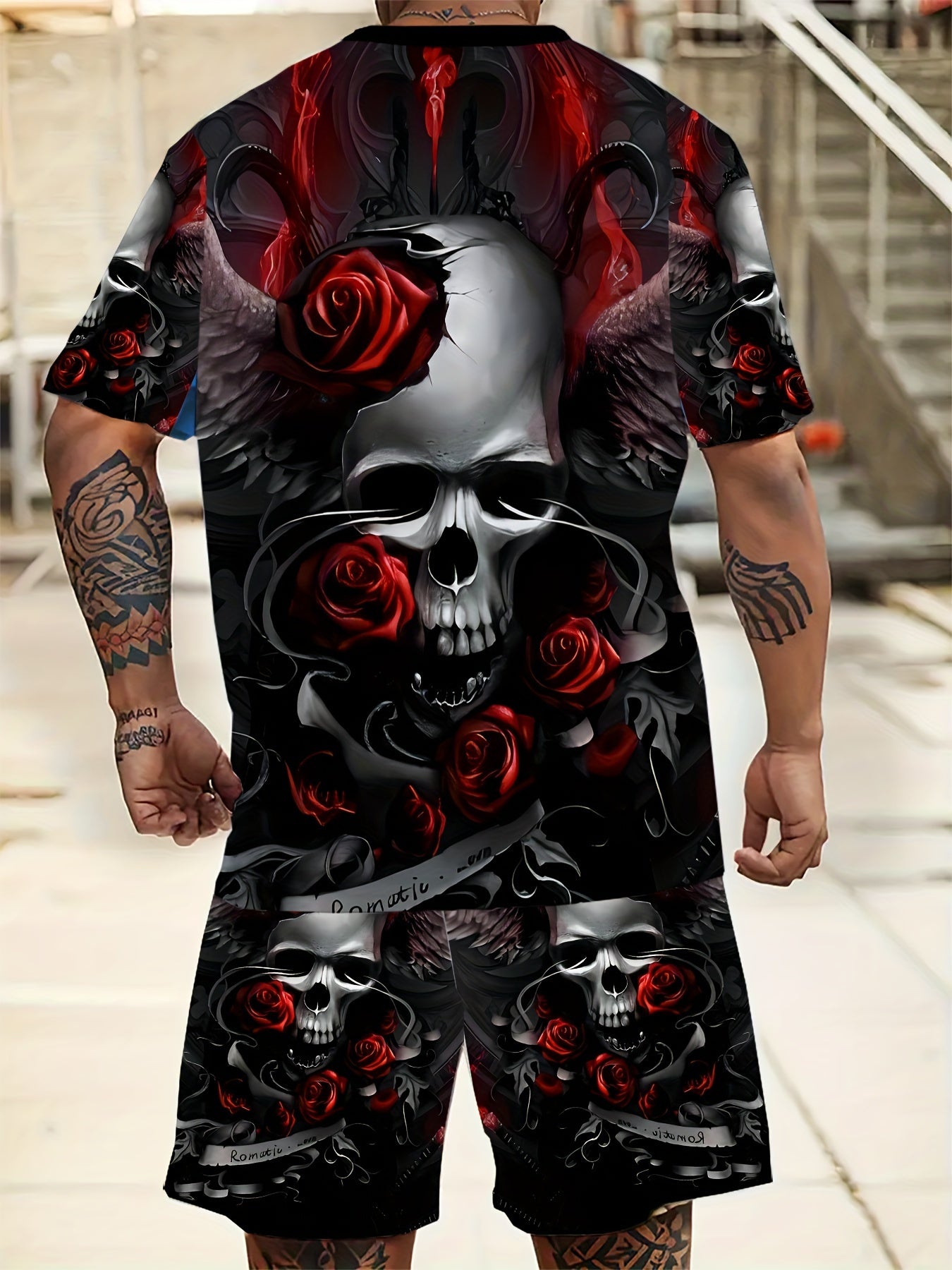 Мужской комплект из футболки с графикой черепа и роз и шортов большого размера для летних спортивных занятий