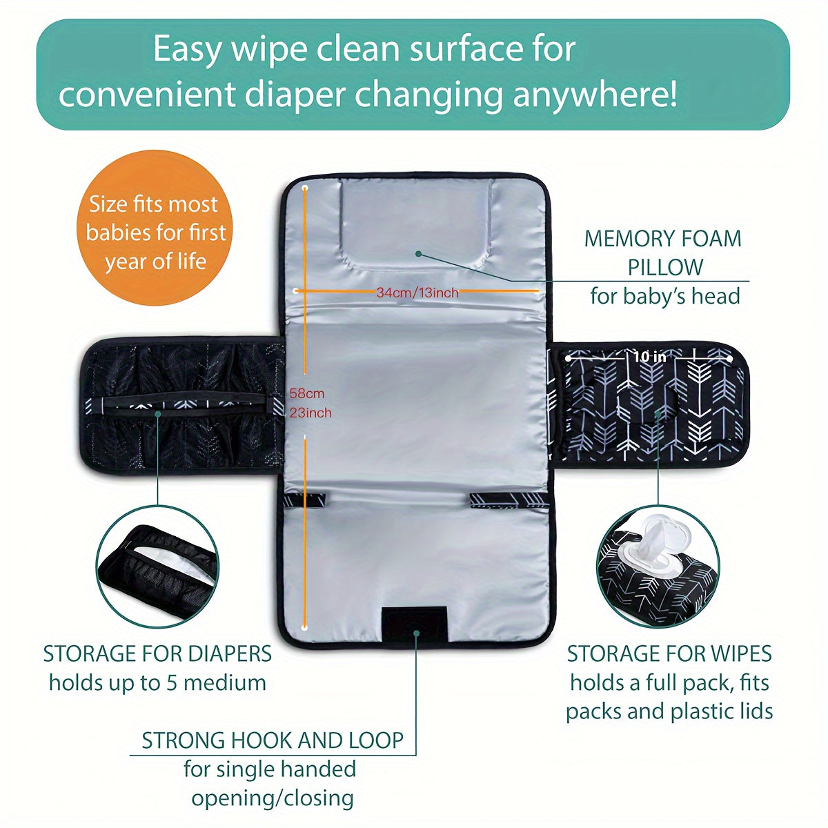 Portable Diaper Changing Pad with Grey Arrows Design for Babies