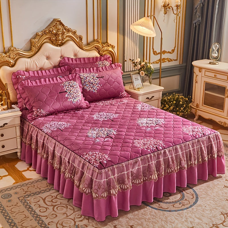 Luxurious Crystal Velvet Bed Skirt Set with Floral Pillowcases Non-Slip Full Coverage