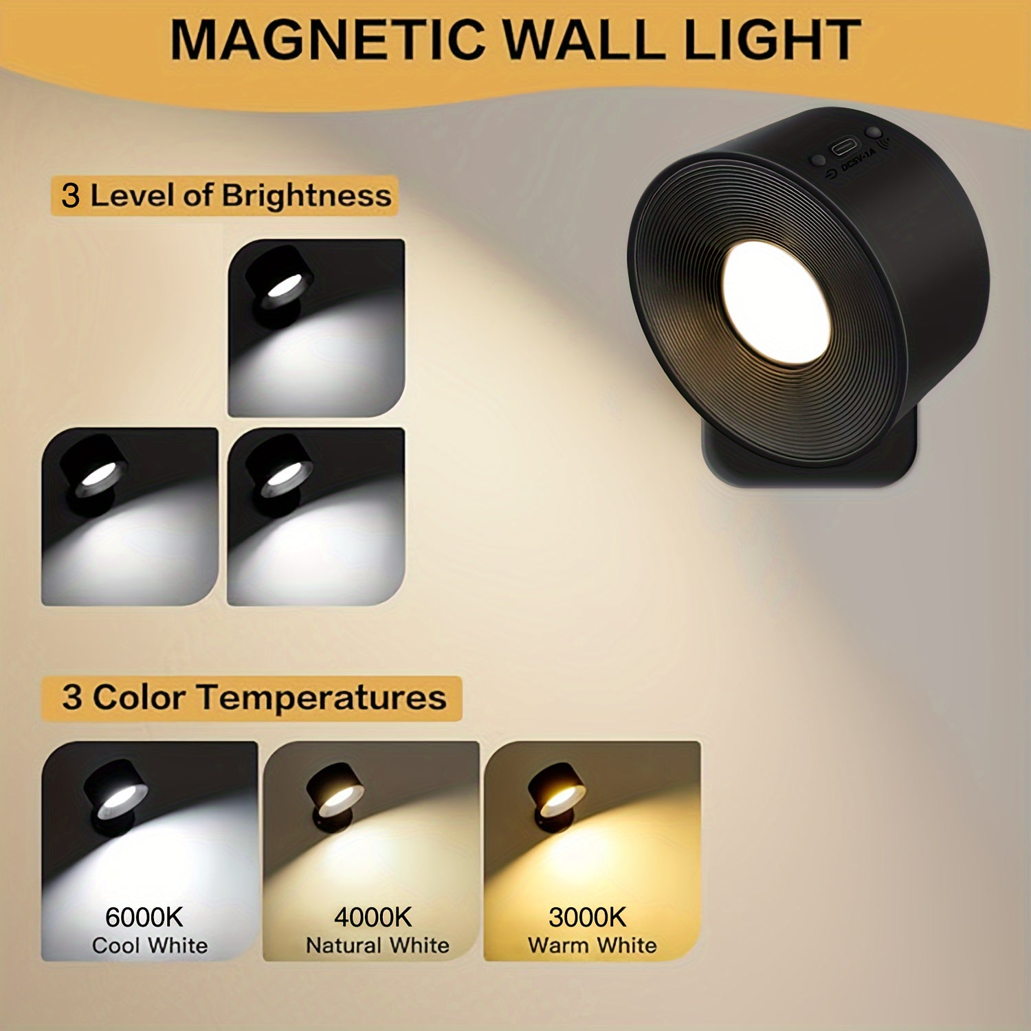 LED Wall Light with Rechargeable Battery, Adjustable Brightness and Color Temperature