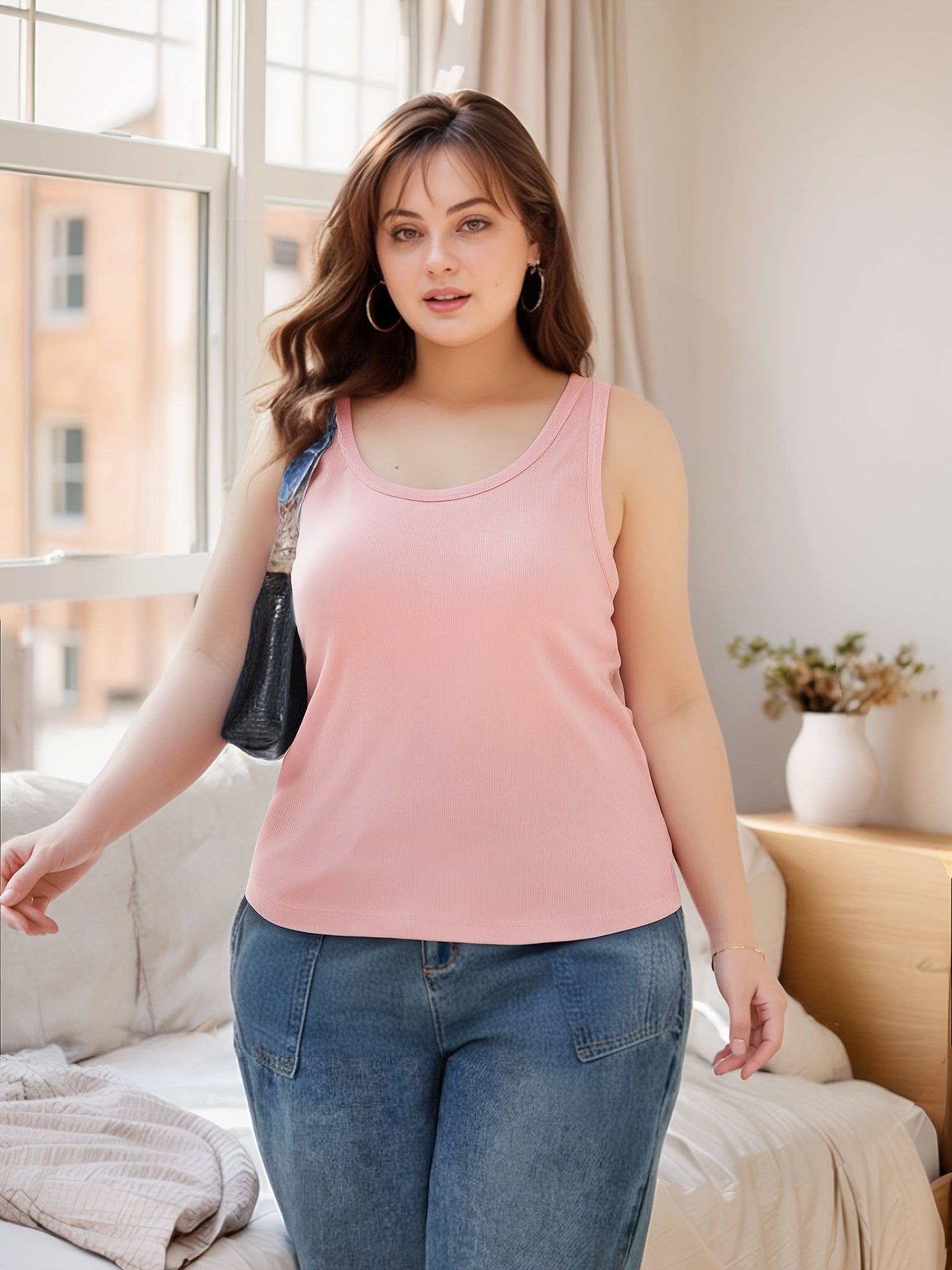 Women's Plus Size 2-in-1 Ribbed Tank Tops Built-in Bra Seamless Support