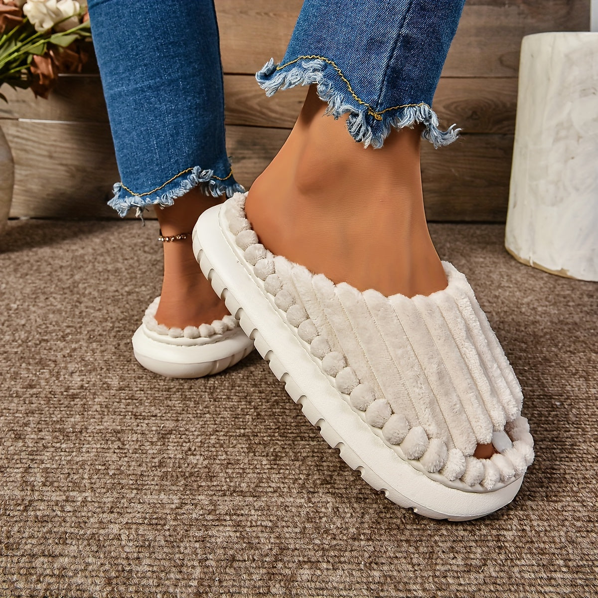 Women's Plush Half Toe Cap Slippers Warm Indoor Non-Slip EVA Sole