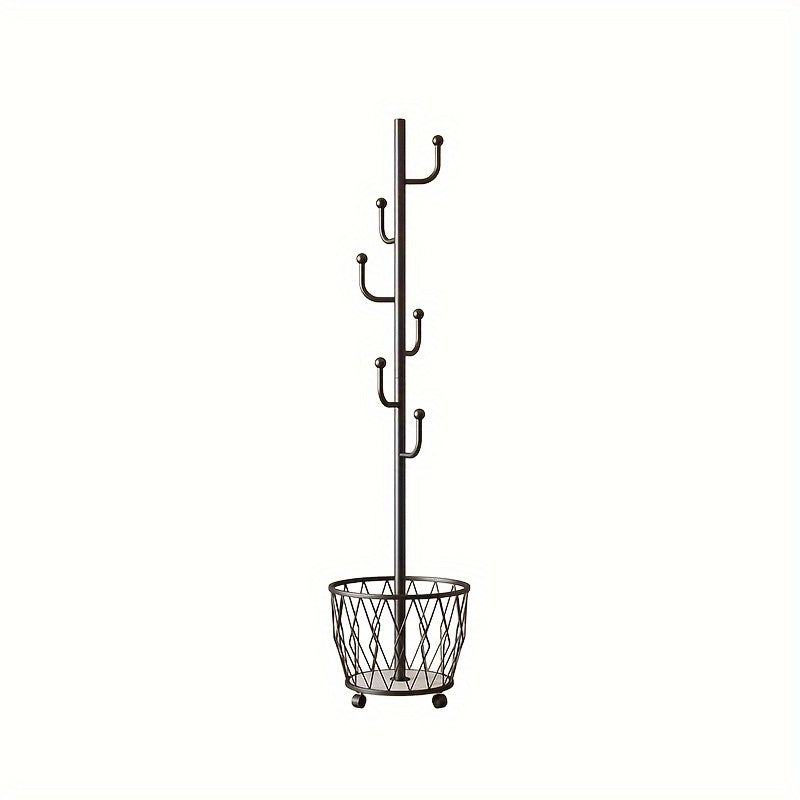 Golden Metal Freestanding Coat Rack with Umbrella Holder and 6 Shelves for Entryway and Living Room
