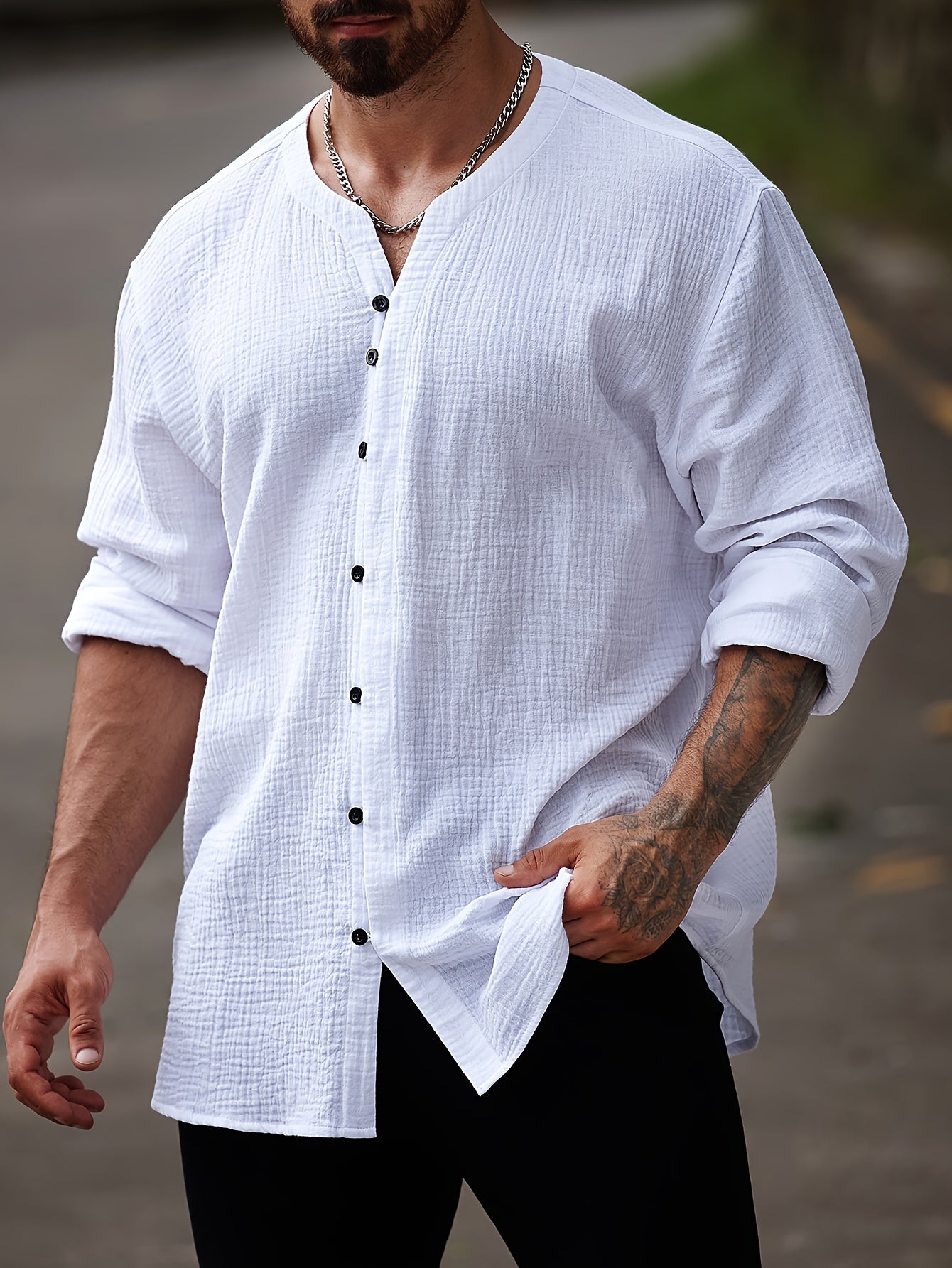 Men's Cotton Casual Shirt Large Crew Neck Solid Color Spring Fall