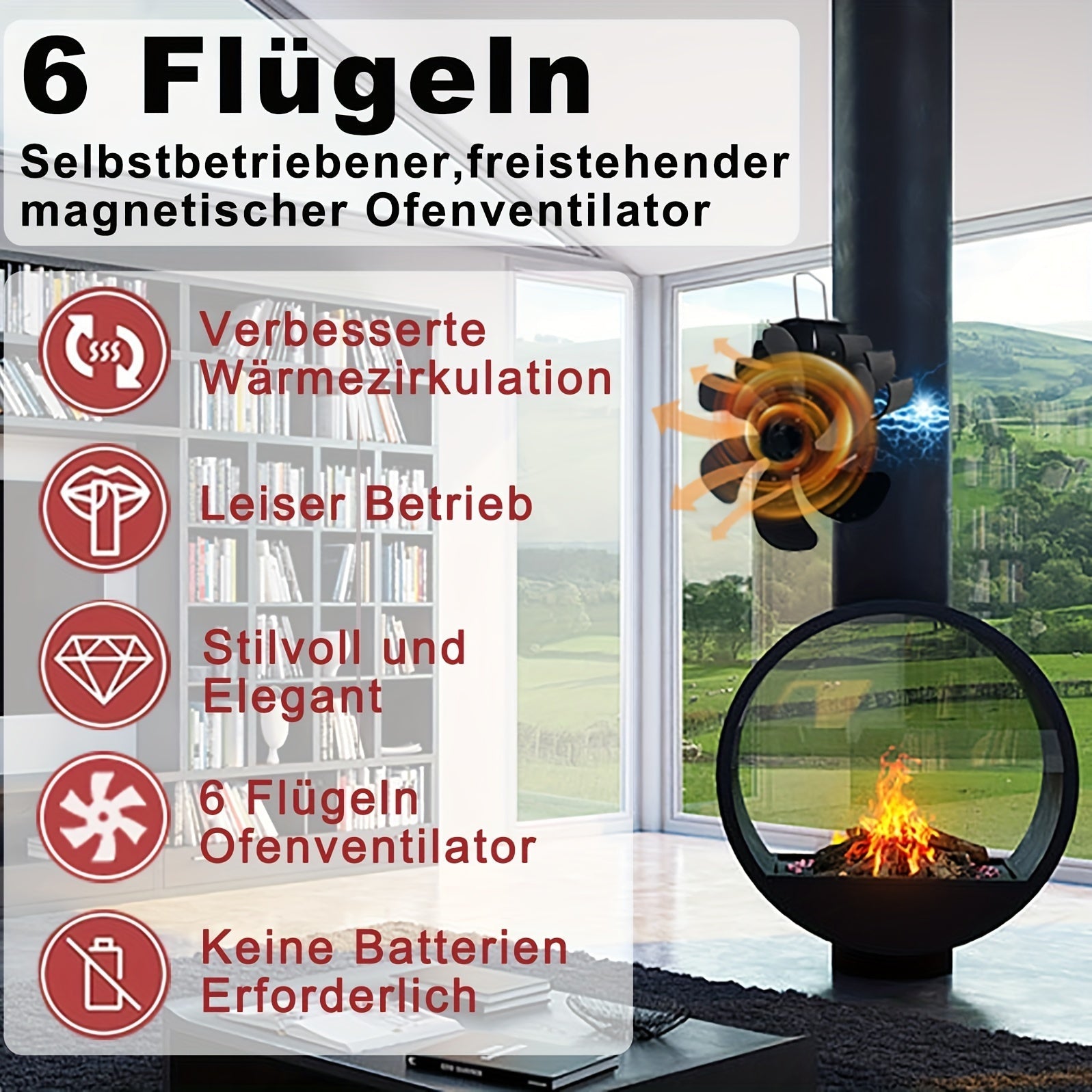 Magnetic Fireplace Fan Aluminum Chimney Fan for Wood Burners Portable Polished