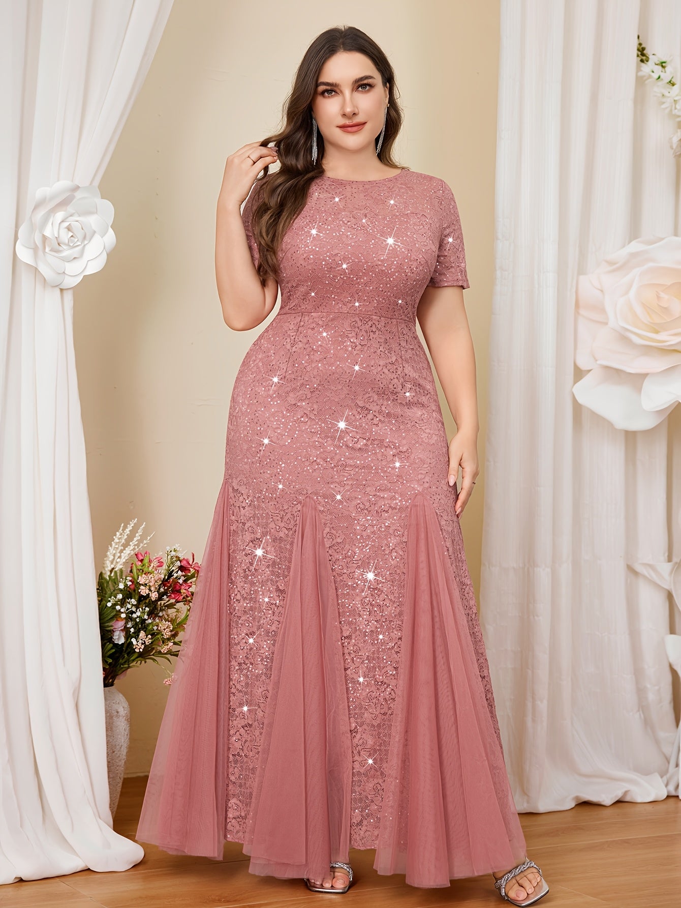 Plus Size Women's Navy Blue Sequin Lace Mermaid Maxi Dress for Formal Events